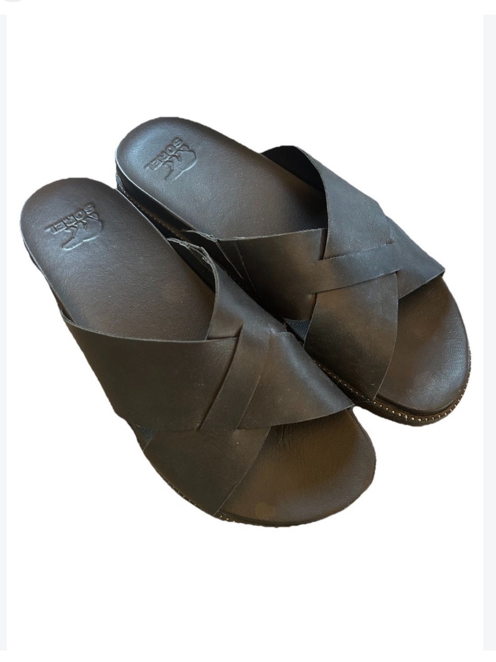 Sorel Women’s Black Cross-Strap Leather Slide Sandals
